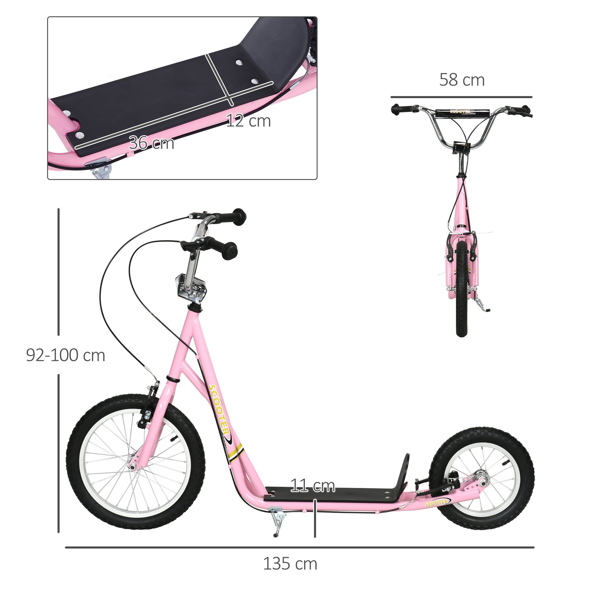 HOMCOM Cityroller Roller Kinderroller mit Luftreifen Handbremse, 16 Zoll Tretroller, 0 km/h, (Tretroller, 1 tlg., Kinderroller), für Außenbereich, Rosa