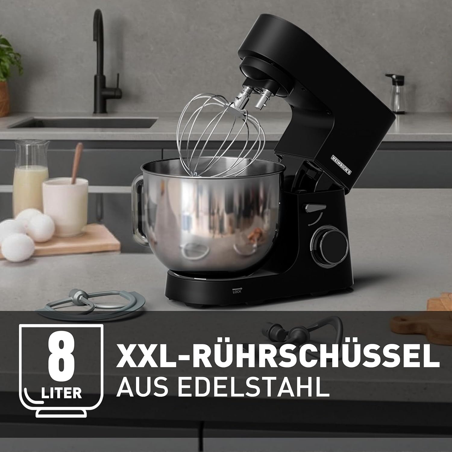 Heinrich´s Küchenmaschine HKM 8080 Schwarz, 2500 W, 8 l Schüssel, 2500W, 8L Edelstahl, 8 Geschwindigkeiten