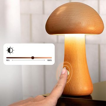 AKKEE Tischleuchte Pilz Tischlampe Holz Tischleuchte LED Dimmbar mit Touch-Schalter, Wiederaufladbare und Dimmbare, LED fest integriert, Warmweiß, USB Nachttischlampe Lampe Dekor für Wohnzimmer Restaurant Schlafzimmer