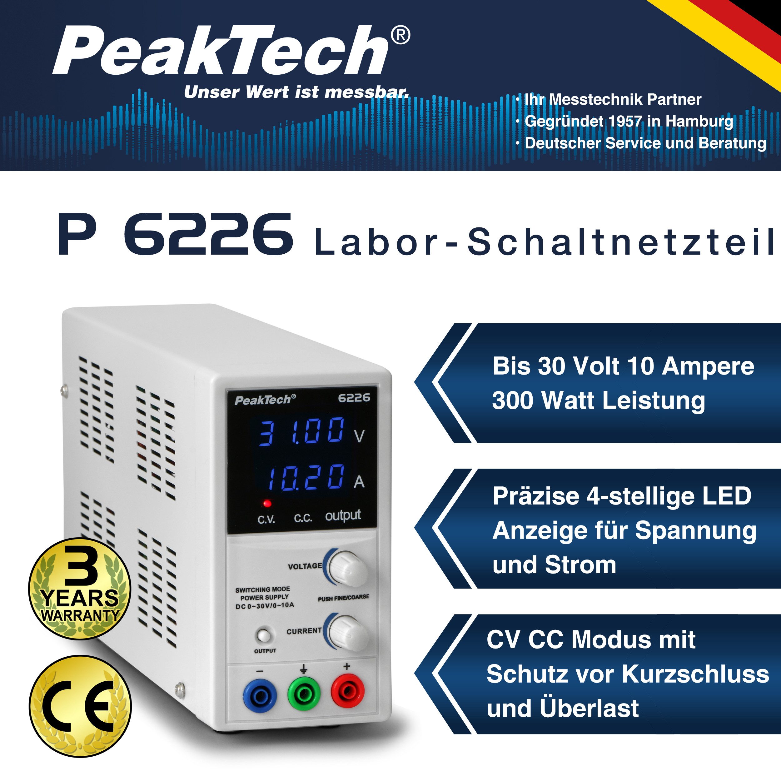 PeakTech 30 V 10 A DC Labornetzteil 0–30 V/0–10 A DC, regelbar Labor-Netzteil