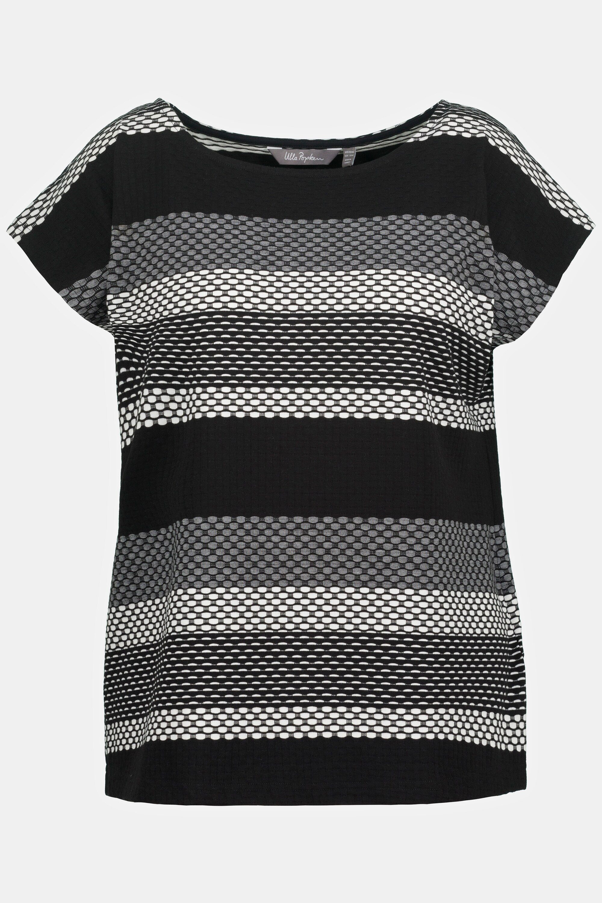 Ulla Popken Rundhalsshirt T-Shirt Jacquard-Streifen Oversized schwarz Rundhals