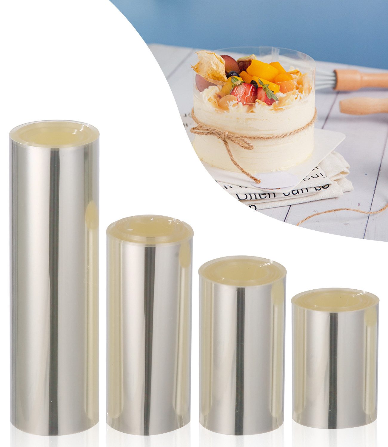 LEAZZLE Tortenring Transparente Kuchenfolie 4 Rollen 6 /8/10 /15 cm, hoch 10 cm, (4 tlg), 4 Rollen Kuchenrand für Schokoladenfolie