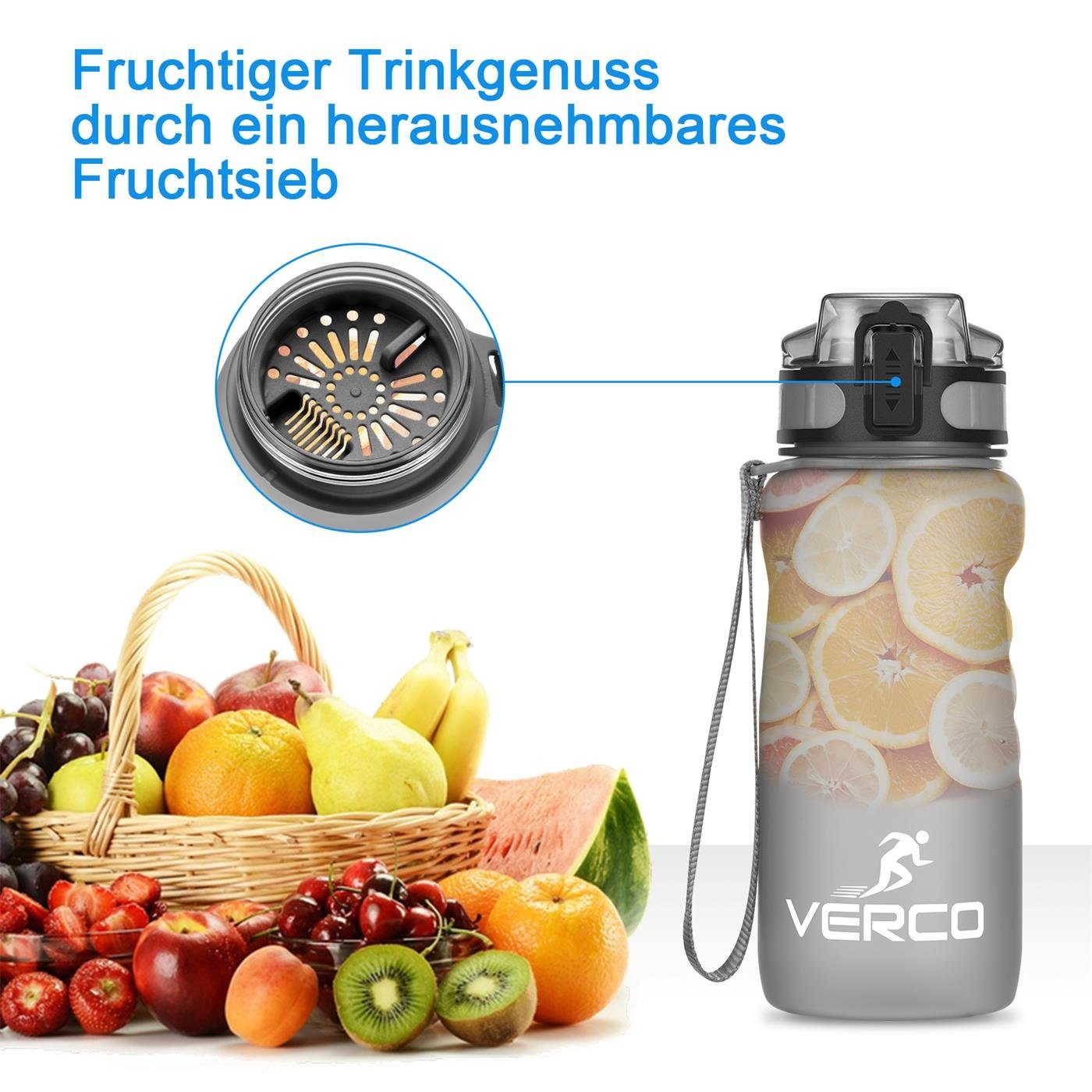 VERCO Trinkflasche 350 Wasserflasche Schwarz Flasche, wiederverwendbar BPA nachhaltig Tritan Frei ml 0,35 Sport Fruchtsieb mit Liter