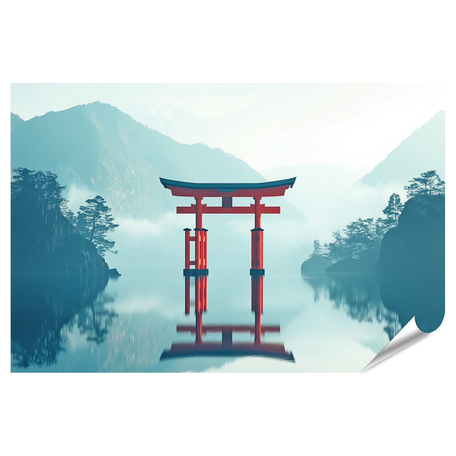 islandburner Poster Torii Tor in nebliger Berglandschaft