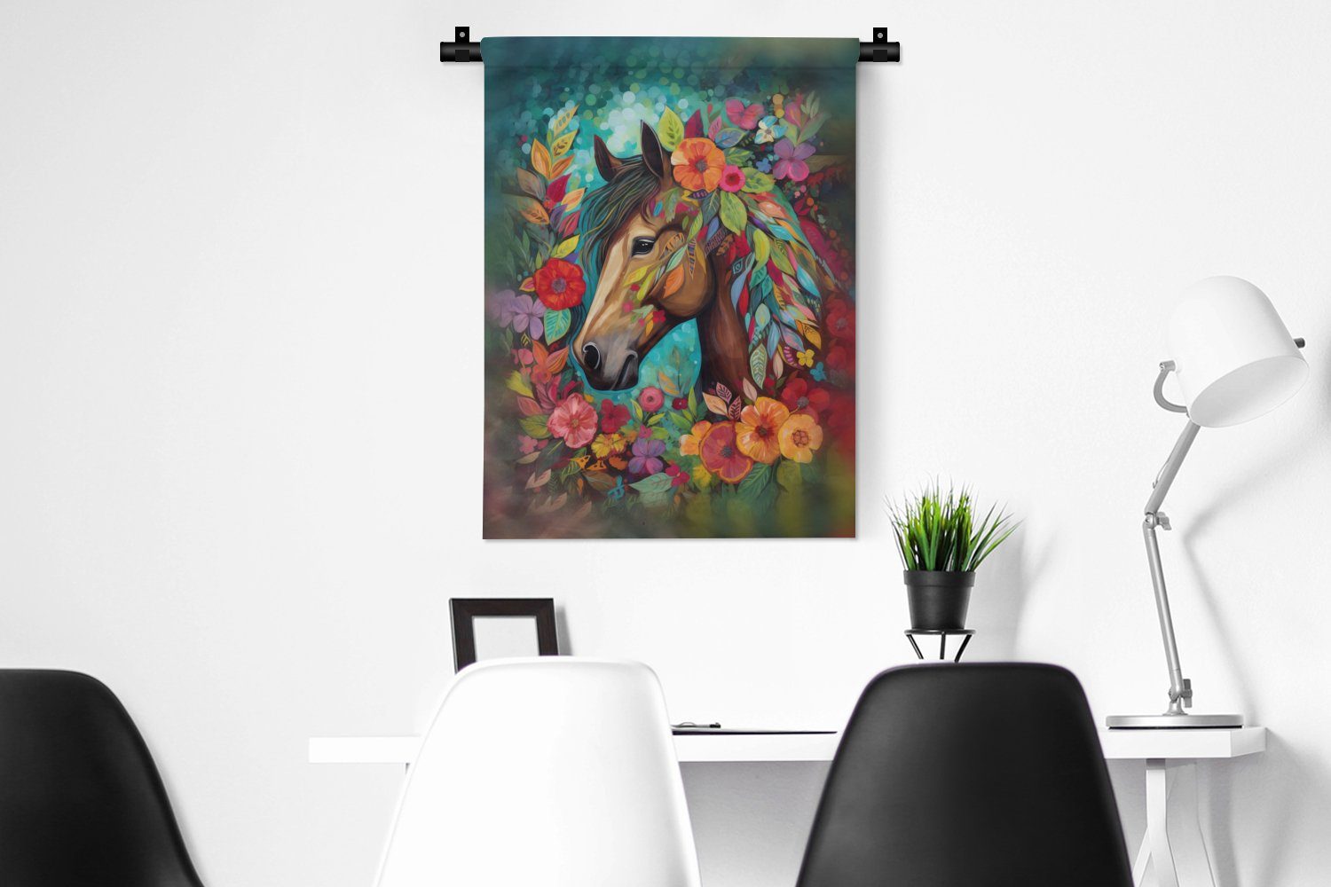 - Natur an - Malerei Wanddekoobjekt Blumen Pferd für Deko MuchoWow - Tapisserie, Wand, der Farbe, Wohnzimmer, Schlafzimmer -