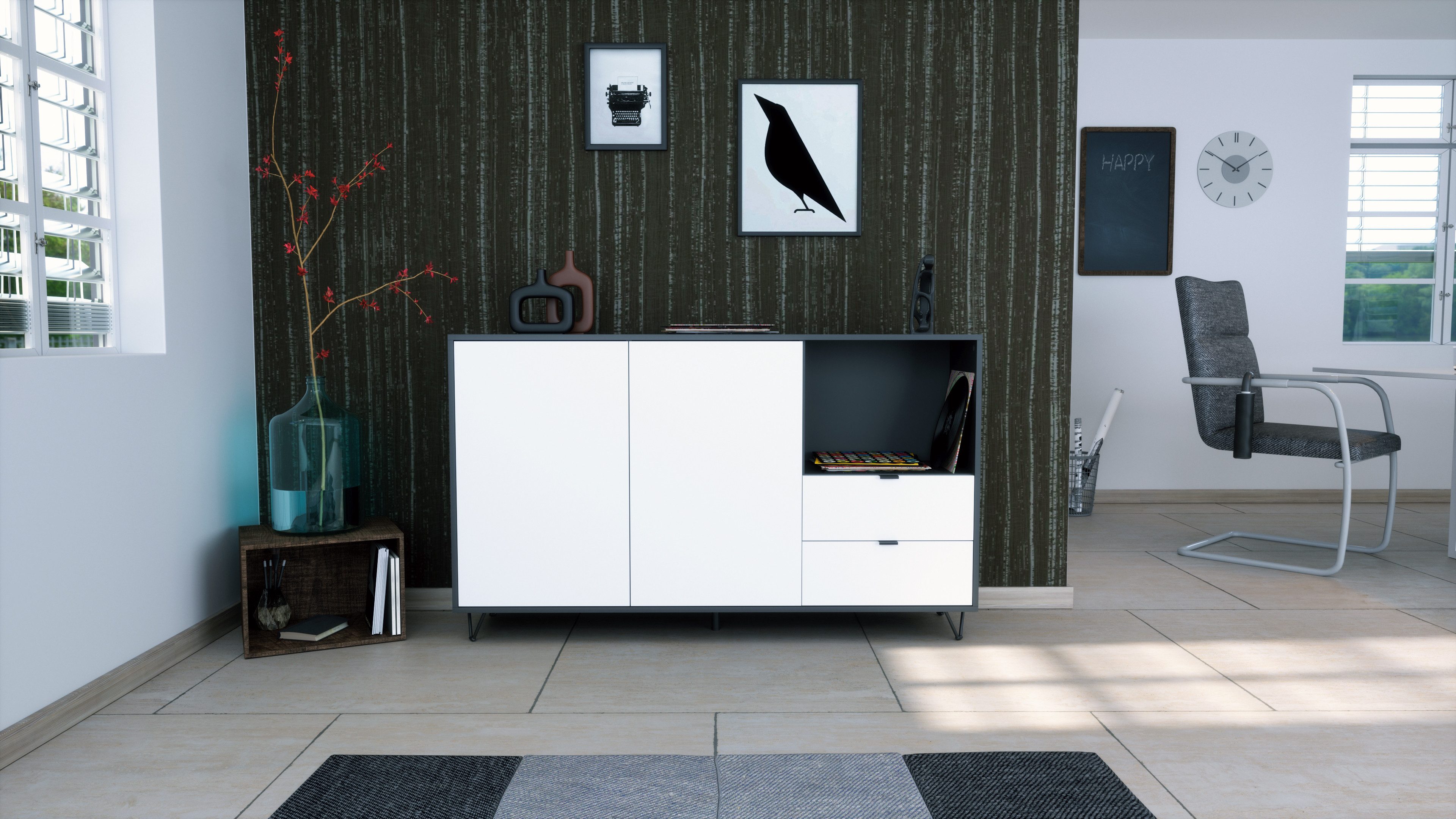Vladon Sideboard Marino (Kommode mit 2 Türen Weiß matt, 2 Schubladen Weiß matt, Made in Germany), Korpus Anthrazit matt (152,5 x 90,5 x 37 cm)