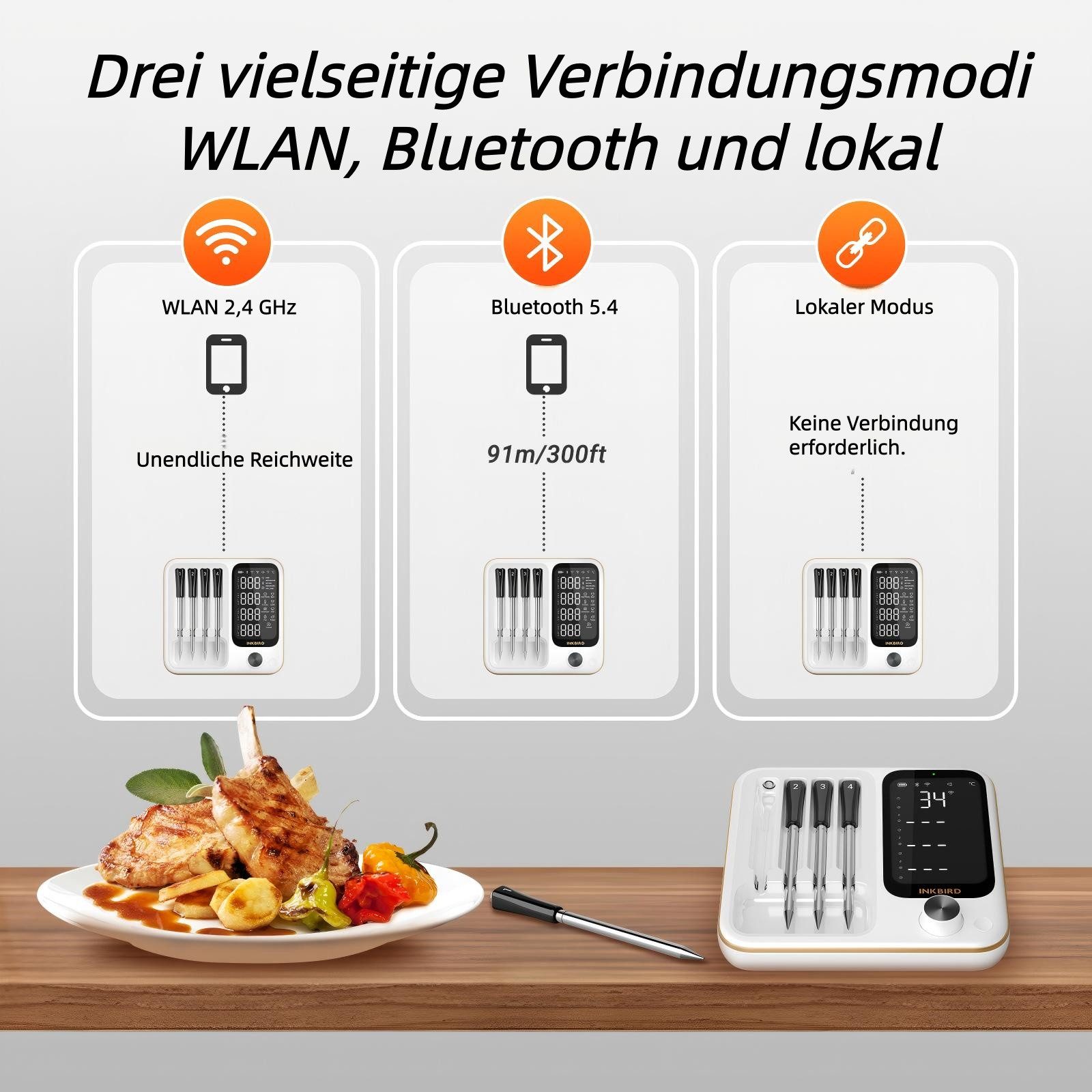 INKBIRD Grillthermometer Kabelloses Fleischthermometer für Ofen, Grill & Smoker, 3 Betriebsmodi, 4 kabellose Sonden, hohe Genauigkeit, IP67 wasserdicht – Bild 3 von 5