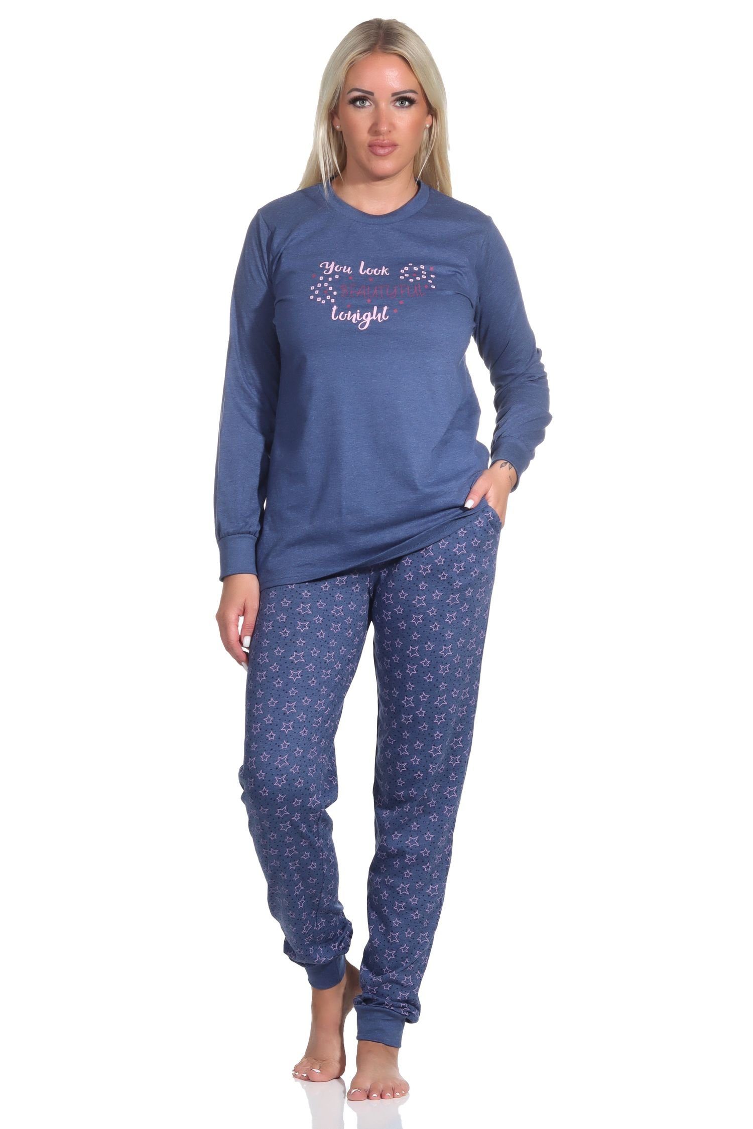 Normann Pyjama Damen Schlafanzug langarm mit Bündchen in Sterne Optik blau-melange