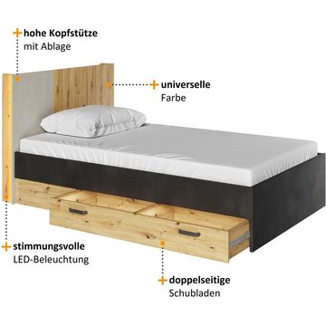 Beautysofa Einzelbett Qubic (inkl. 2 Schubladen, LED-Beleuchtung, Holzgestell), Holzbett mit Bettkasten, Bett im modernes Stil