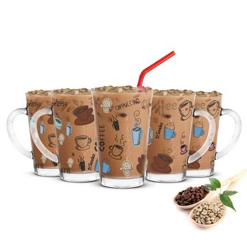 Sendez Latte-Macchiato-Glas 6 Latte Macchiato Gläser 300ml Kaffeegläser Teeglas mit buntem Kaffee-Aufdruck, Glas