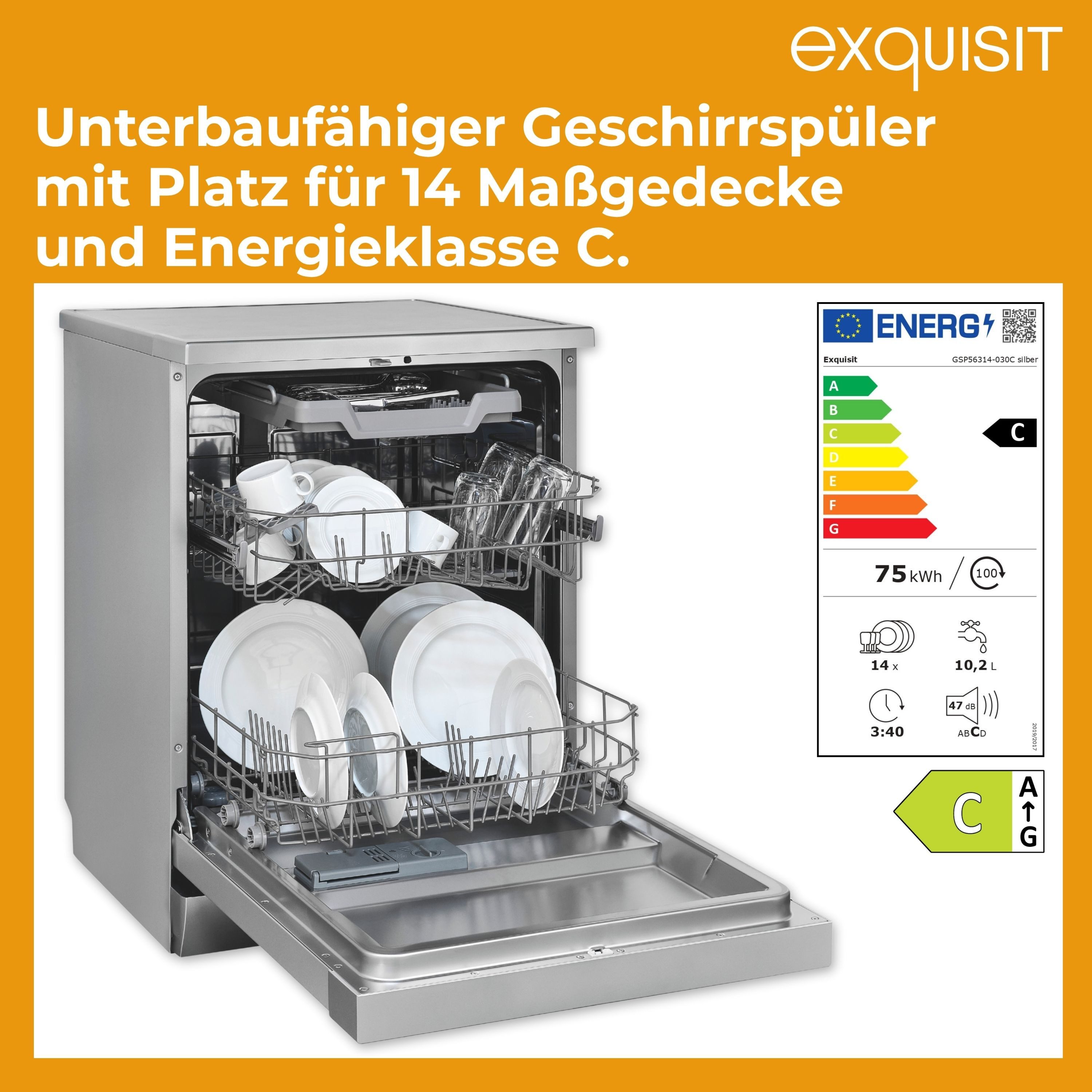 exquisit Standgeschirrspüler PRO GSP56314-030C, 14 Maßgedecke, 14 Maßgedecke, Automatische Türöffnung, Oberkorb verstellbar