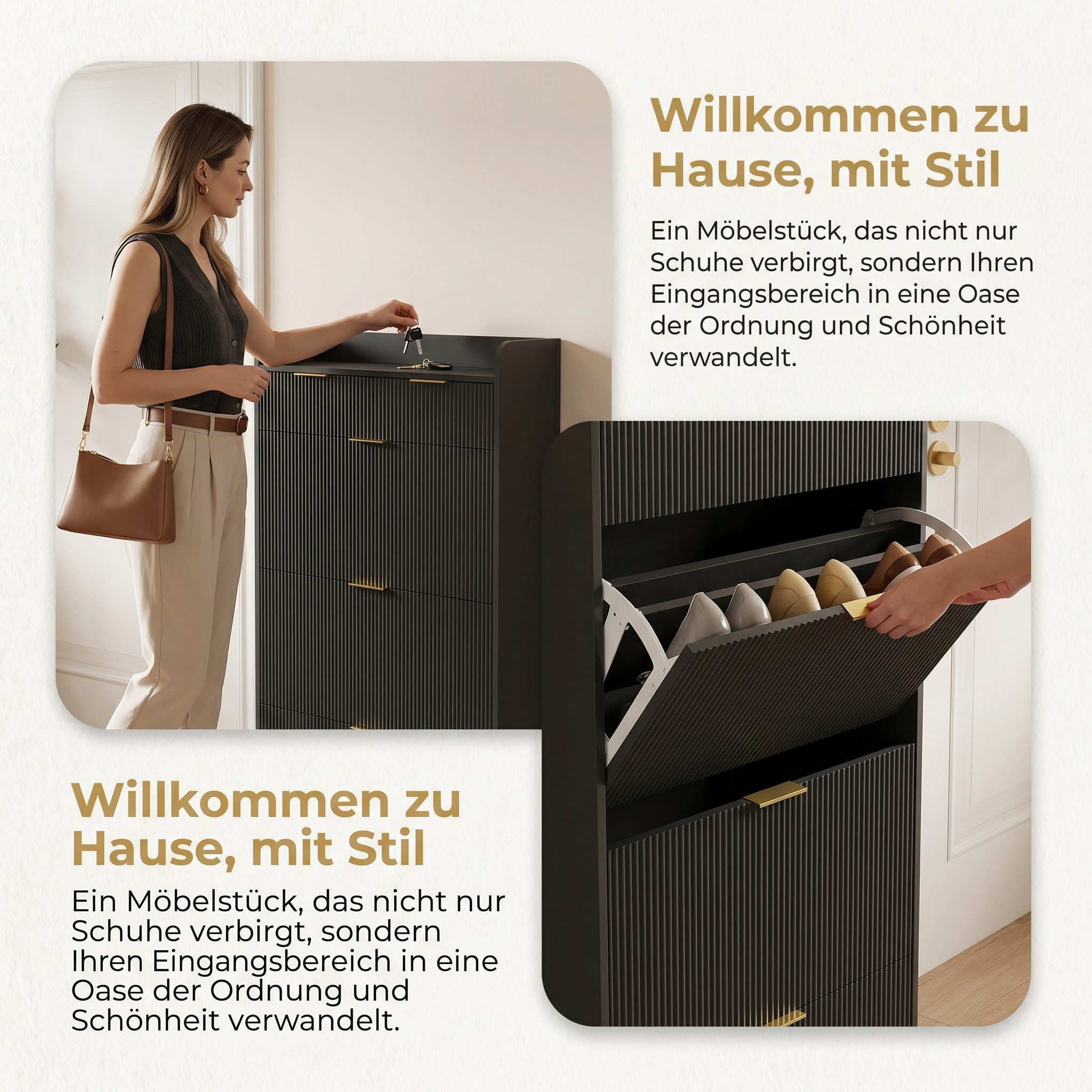 Furnishings Home Schuhschrank mit 3 Klappen 2 Schubladen Schuhregal Schukipper Kippsicherung (77x24x133 cm) Schuhkommode im Flur Diele,Trennwand verstellbar
