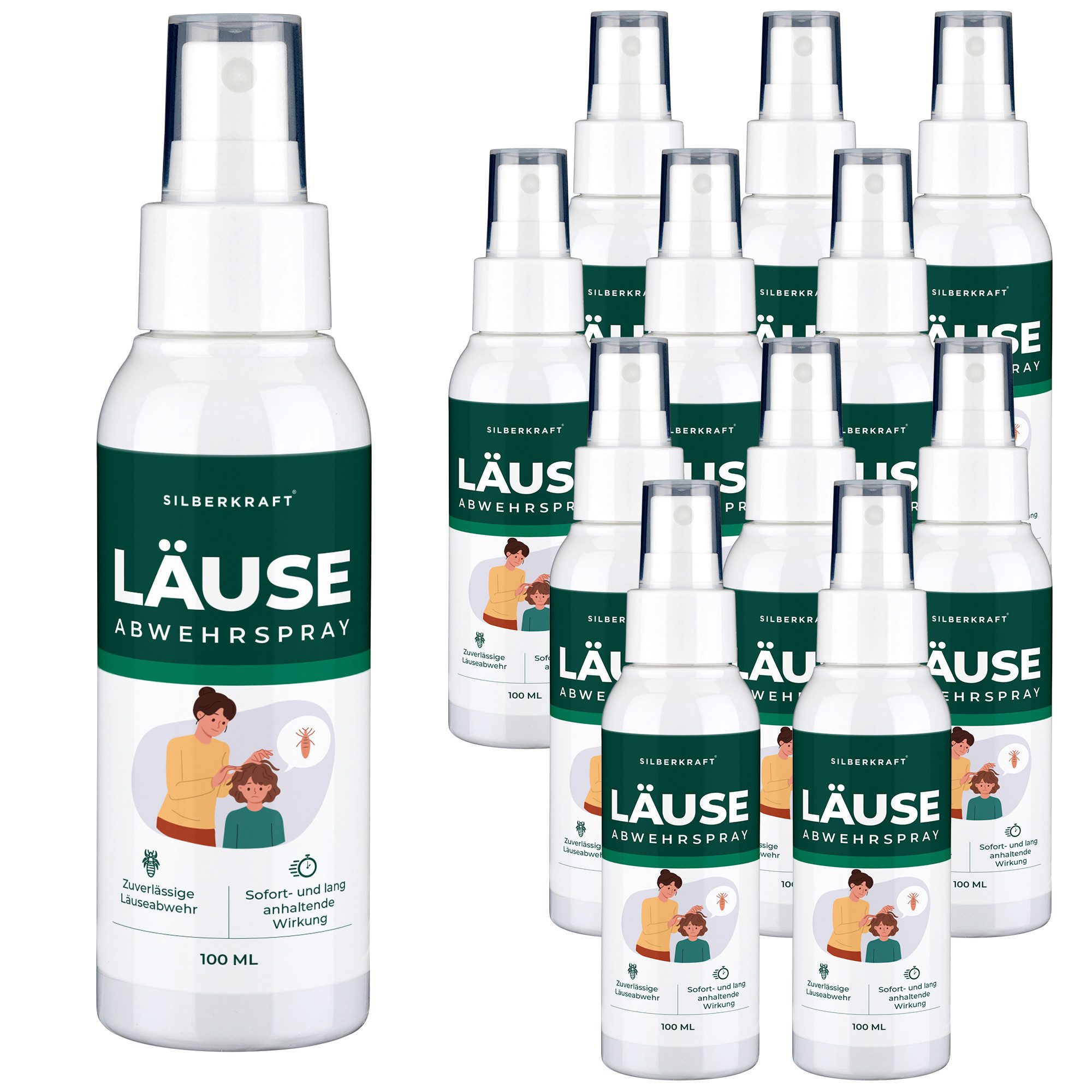 Silberkraft Insektenspray Silberkraft Kopfläusespray Effektiver Läuseschutz für Kopfhaut & Haare, 100 ml, 12-St., Läuse zuverlässig vorbeugen, Läuseabwehr für Kinder geeignet