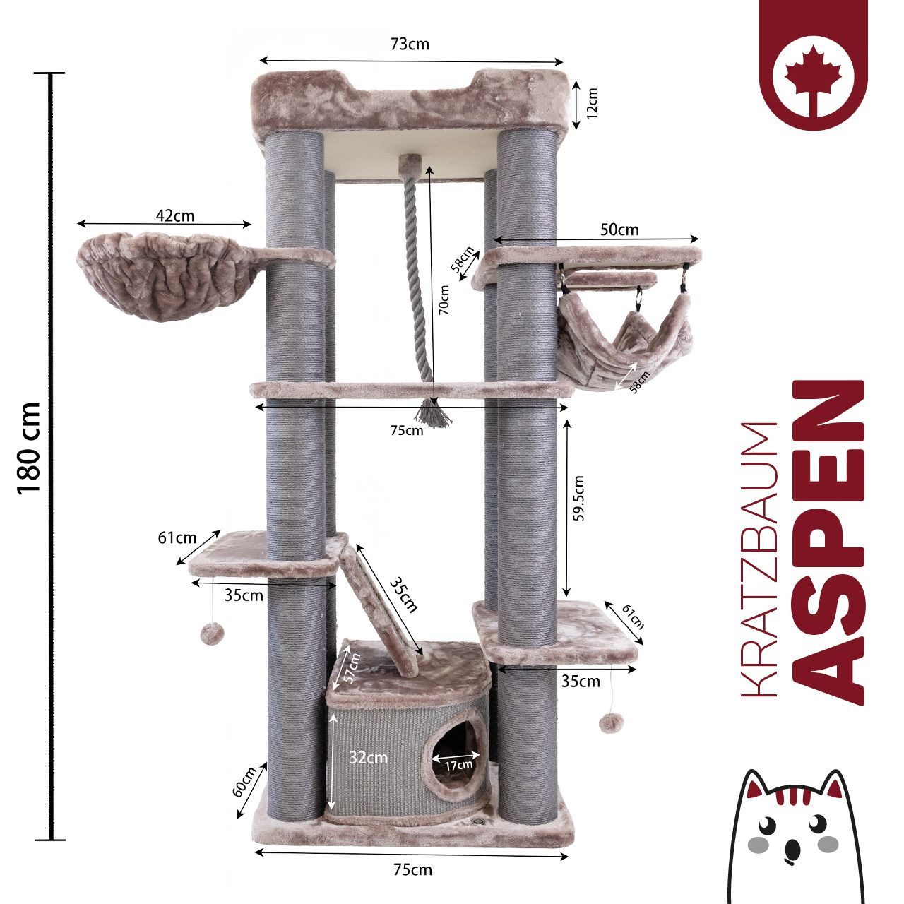 Canadian Cat Company Kratzbaum Kratzbaum Aspen 180 cm, hoher Katzenbaum, Kletterseil, Hängematte & mehrere Plattformen