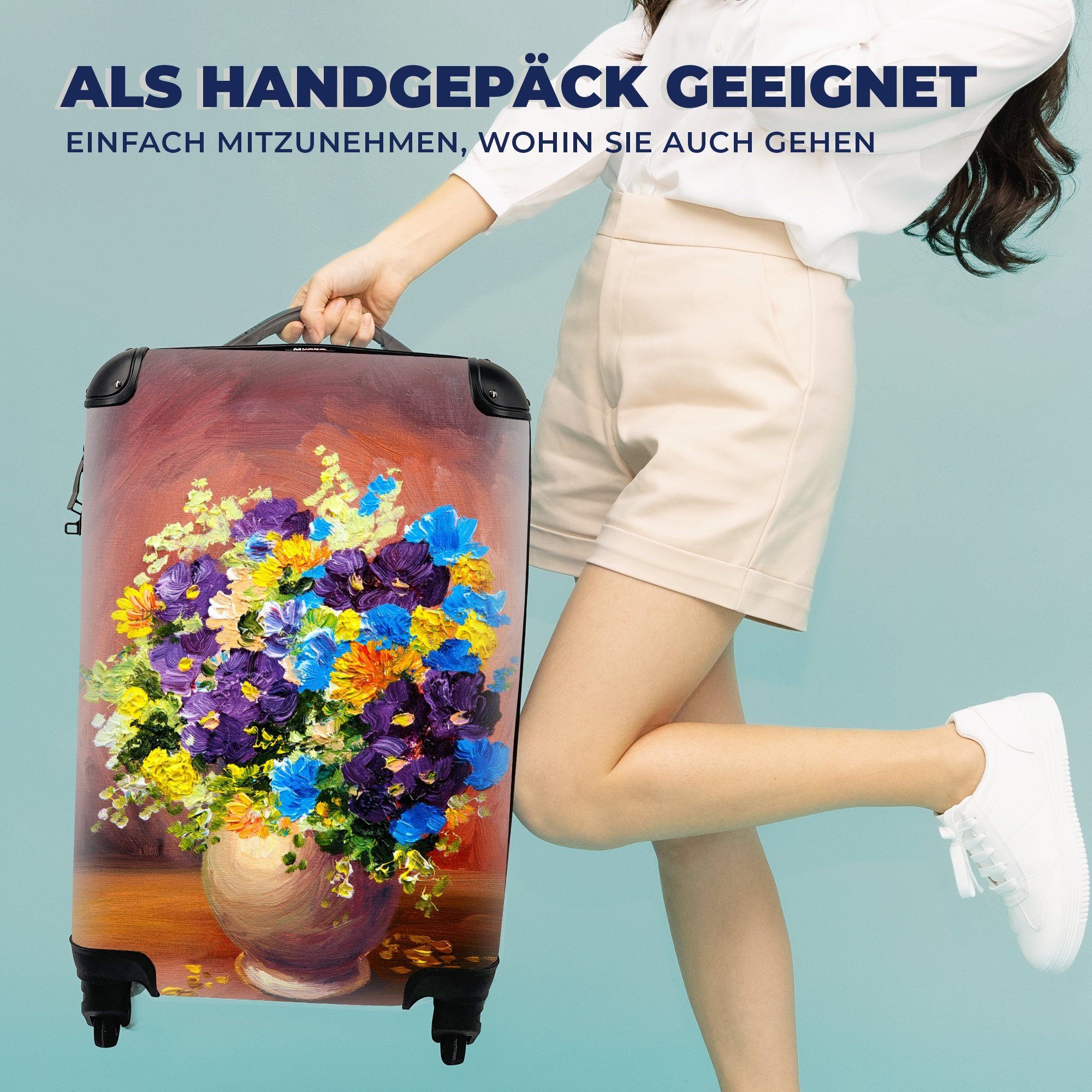 MuchoWow Handgepäckkoffer Blumenstrauß - Handgepäck 4 Reisetasche Ölfarbe, Rollen, mit - Reisekoffer für Trolley, Ferien, Frühling rollen