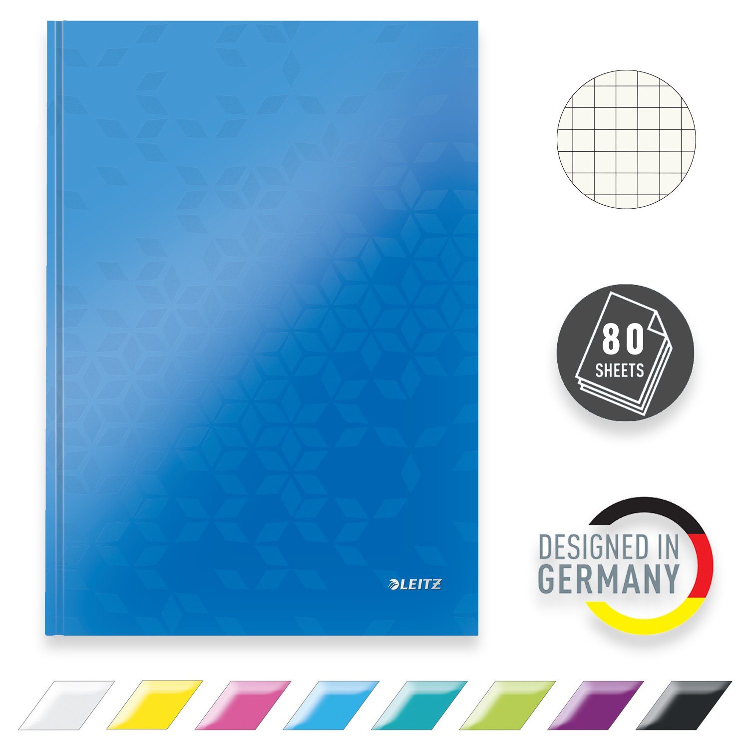 LEITZ Notizbuch WOW A4 Schreibheft kariert, Hardcover blau mit