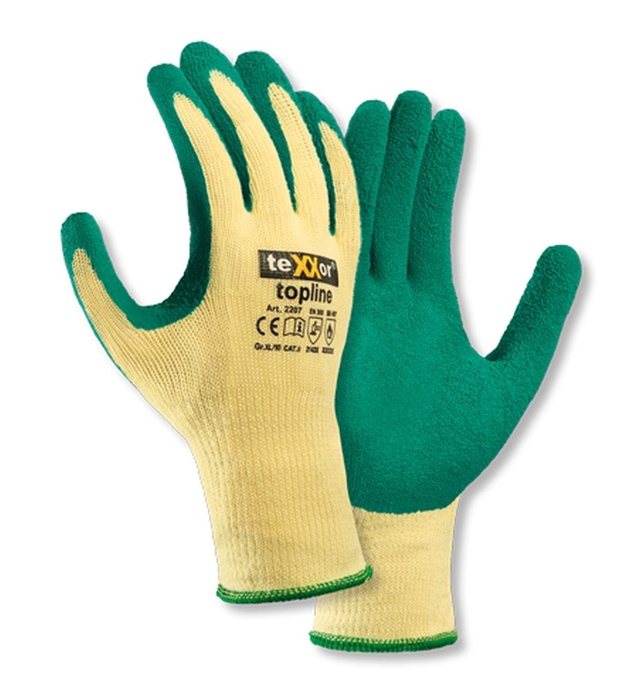teXXor Arbeitshandschuh-Set 2206 Grobstrickhandschuh Polyester Latex Beschichtung (Karton, 12-St., VPE= 12-144 Paar, Gr. 7-11) guter Grip/ Pflasterarbeiten geeignet