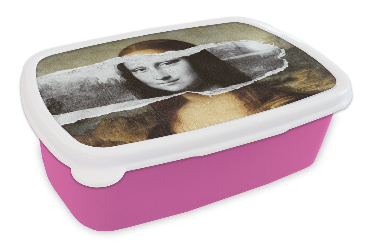 MuchoWow Lunchbox Mona Lisa - Schwarz und weiß - Da Vinci, Kunststoff, (2-tlg), Brotbox für Erwachsene, Brotdose Kinder, Snackbox, Mädchen, Kunststoff rosa