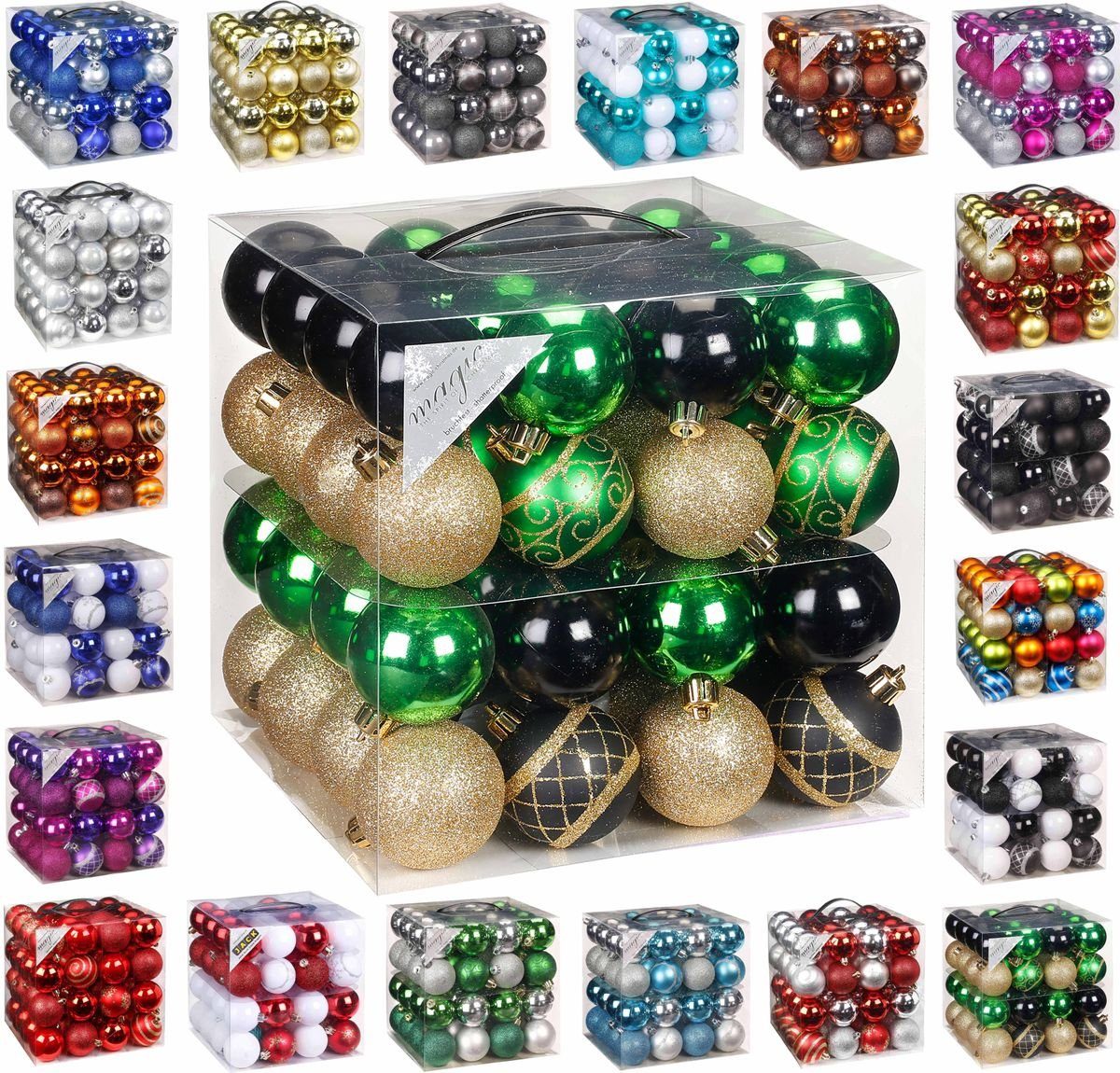 JACK Christbaumschmuck 64x Kunststoff Christbaumkugeln Ø 6cm Baum Kugeln inkl. Aufhänger, Mit praktischer Aufbewahrungsbox, Optik: matt / glänzend / glitzernd