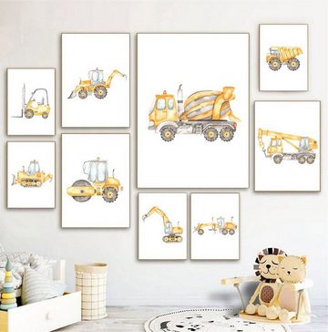 TPFLiving Kunstdruck (OHNE RAHMEN) Poster - Leinwand - Wandbild, Bagger, Zementwagen, Dampfwalze, Lastwagen, Gabelstapler, Kran - (Kinderzimmer, Mädchenzimmer, Babyzimmer, Jungenzimmer, Kindergarten), Farben: Pastel, grau, gelb, weiß - Größe: 10x15cm