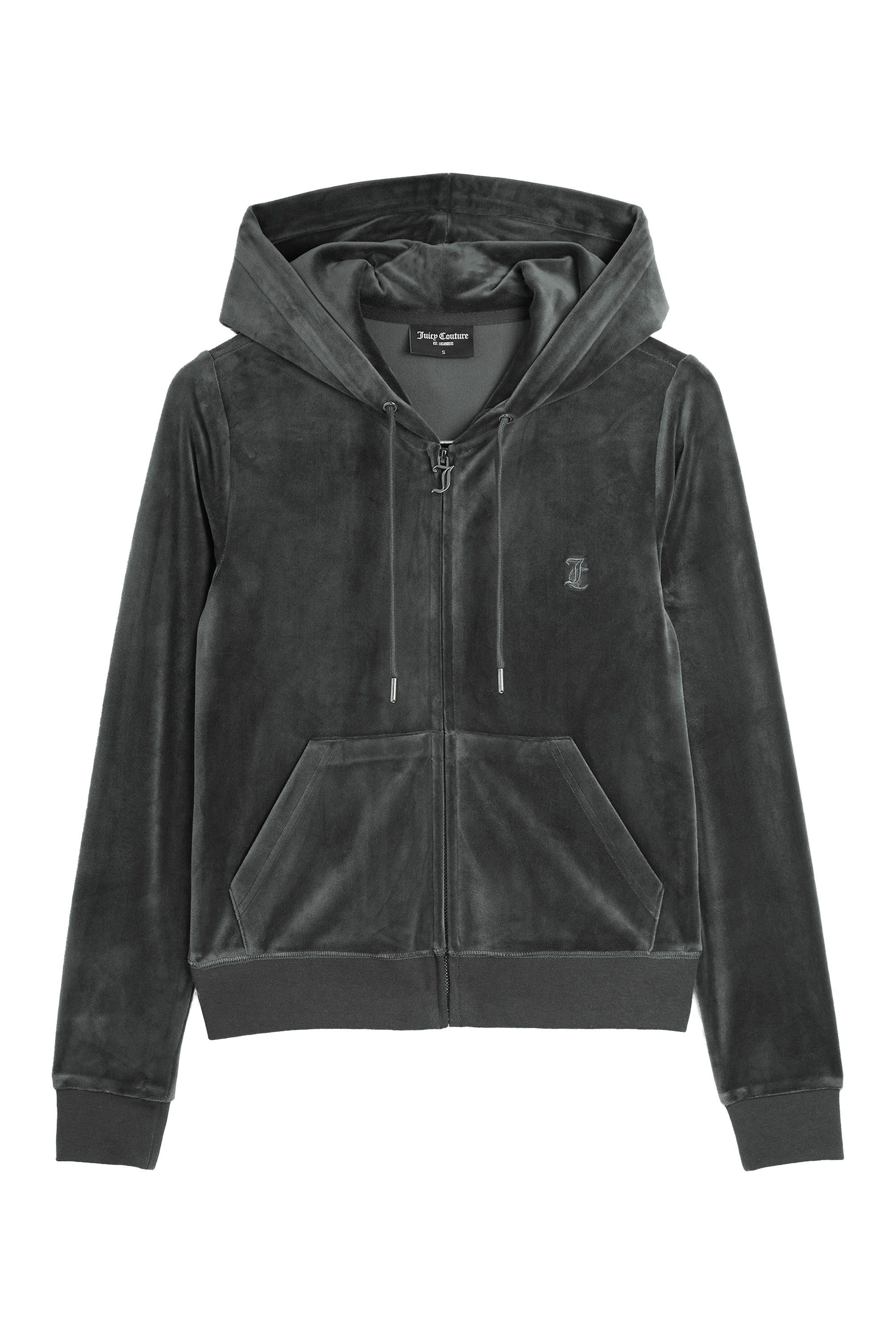 Juicy Couture Kapuzennickijacke ROBERTSON HOODIE GUMETAL HARDWARE Damen Trainingsjacke Damen, Sweatjacke mit Kapuze, Velour, mit Glitzer, Sale