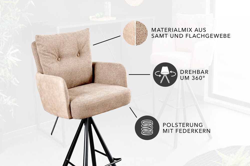 riess-ambiente Barhocker BIG GEORGE beige/schwarz - Samt, drehbar, Metall-Beine, mit Armlehne (Einzelartikel, 1 St), mit Taschenfederkern & Fußablage – ideal fü – Bild 4 von 5