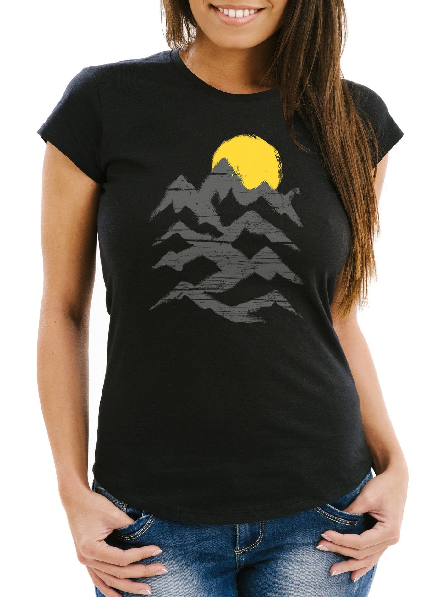 schwarz Print mit Damen Sonnenaufgang MoonWorks T-Shirt Wandern Print-Shirt Berge Moonworks®