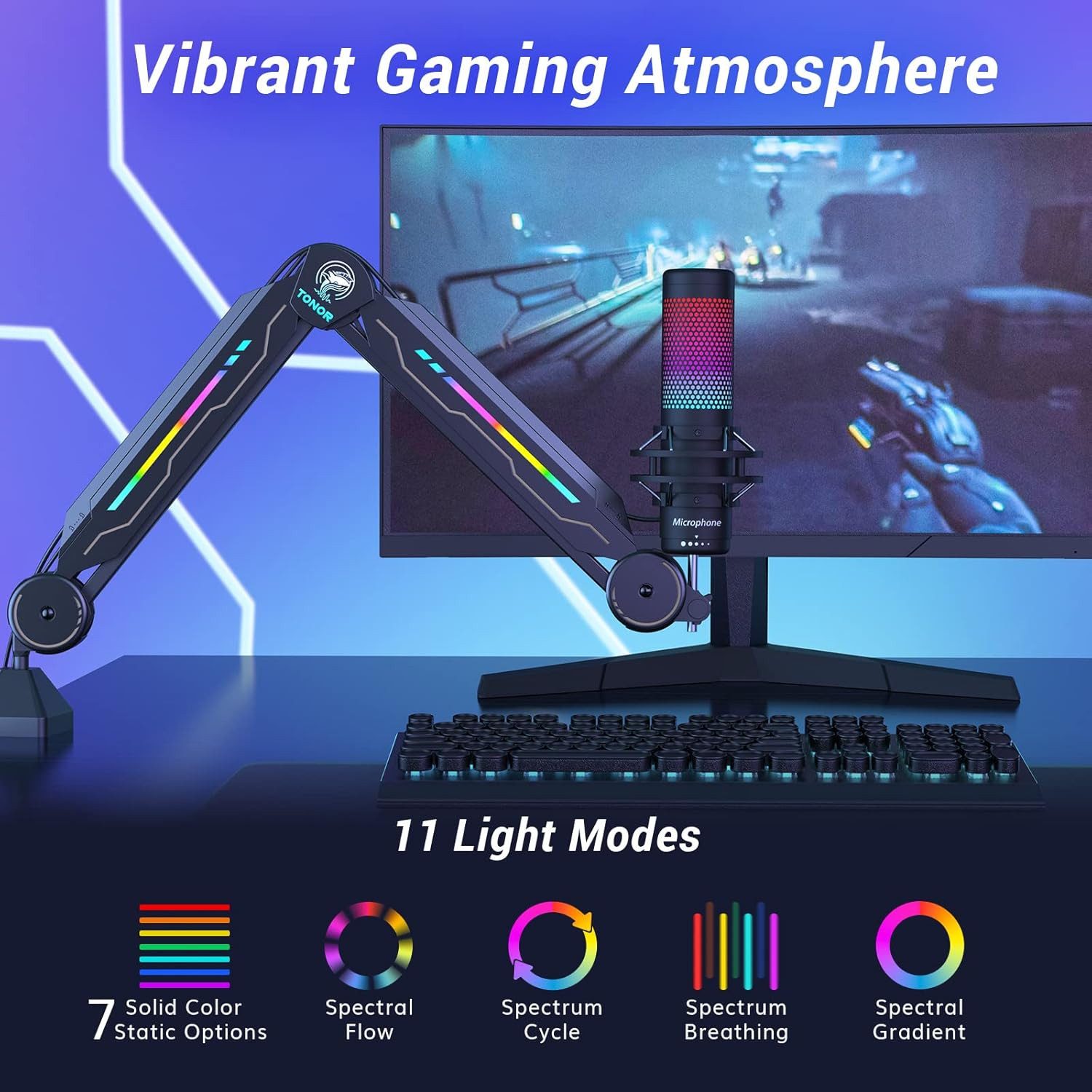 TONOR Mikrofon-Halterung Gaming Mikrofon Arm mit RGB Licht, Leuchten Touch verstellbar