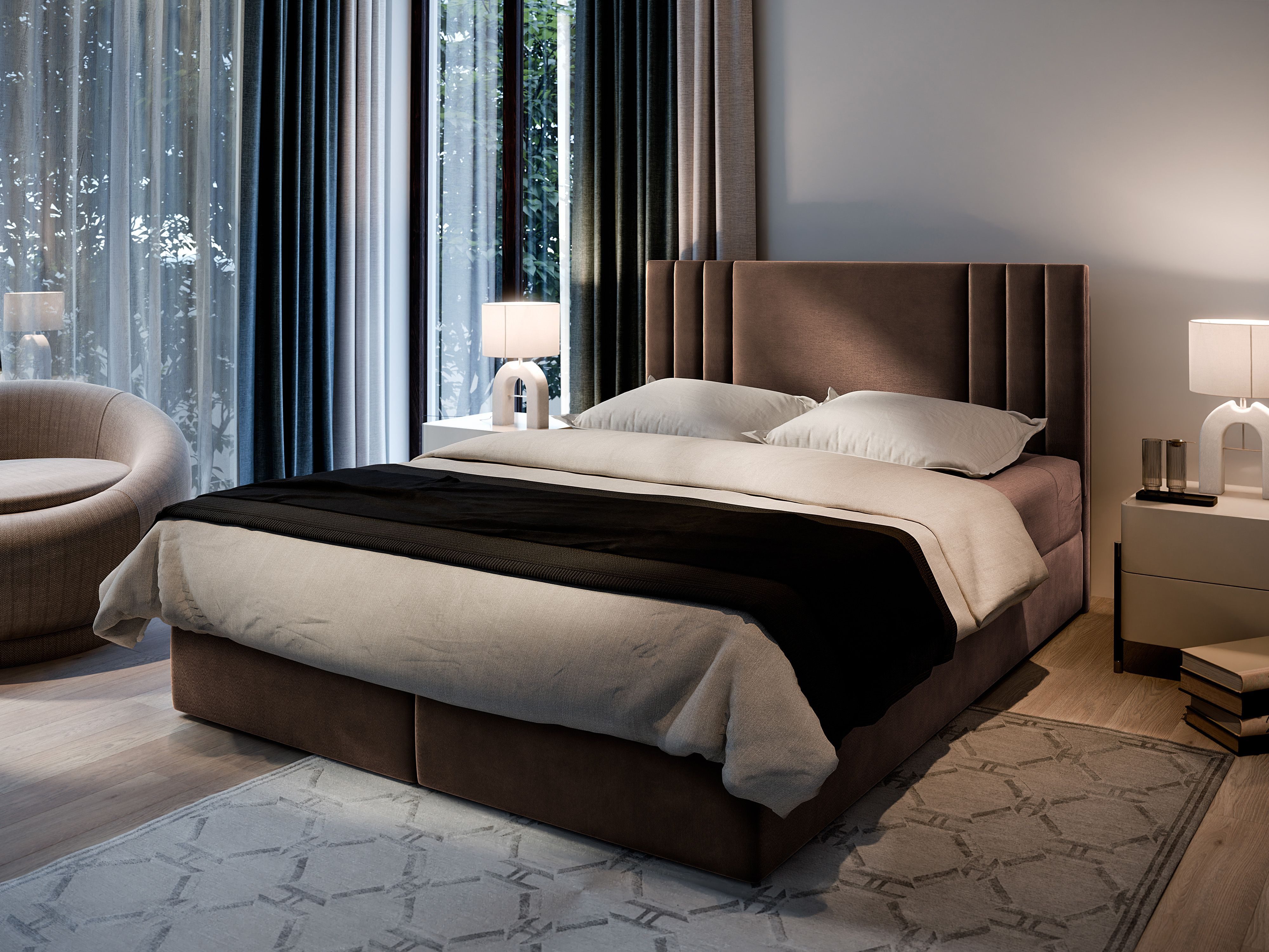 Masseno Boxbett BRES 160x200 cm mit Bonell Matratze und Topper, Doppelbett, Polsterbett mit Kopfteil, Boxspringbett