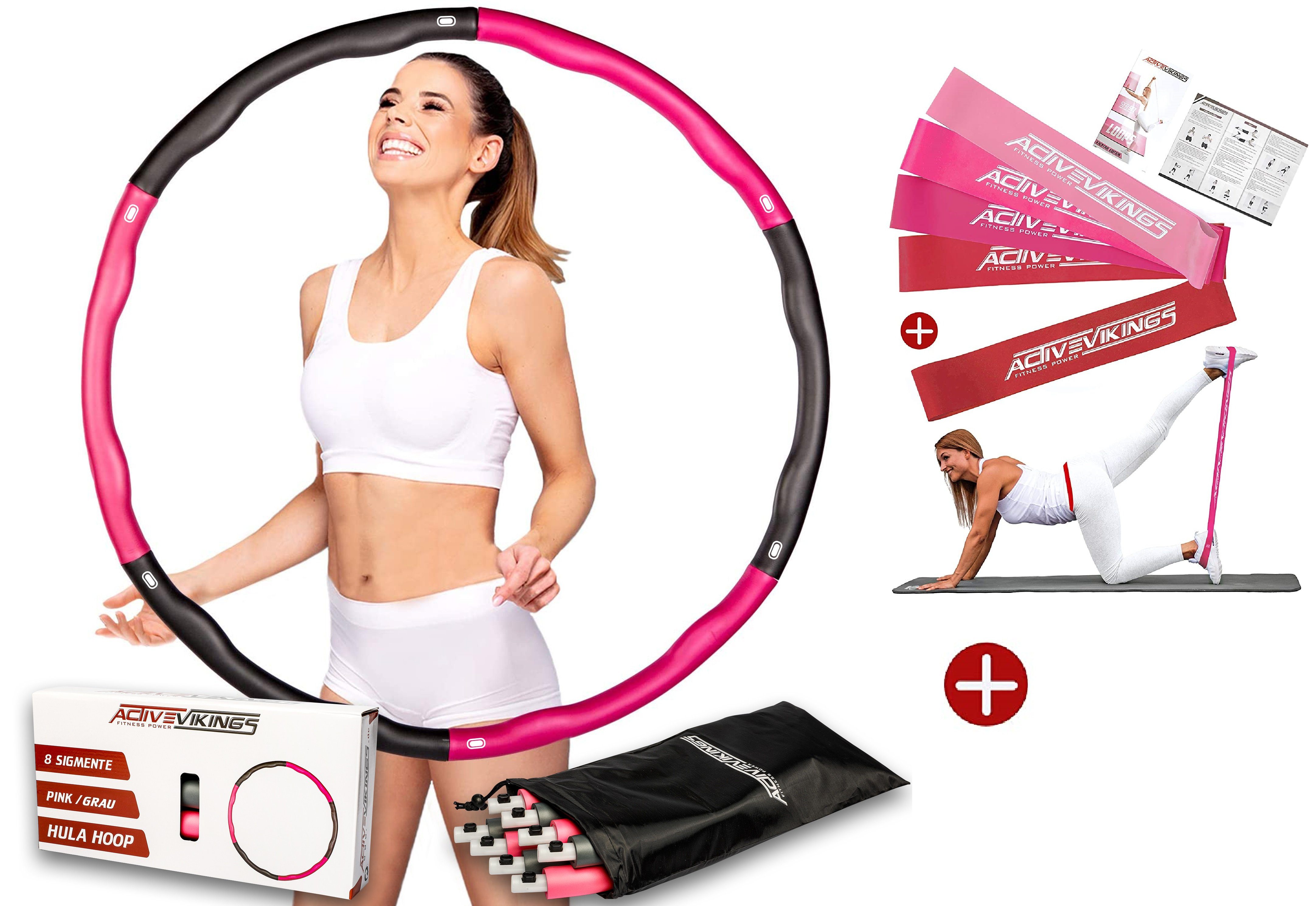 ActiveVikings Hula-Hoop-Reifen ActiveVikings Hula Hoop Bundle - Ideal für Fitness, Gewichtsreduktion und Massage - Inkl. Fitnessbänder Set für ein super Workout - Perfektes Abnehmen und effektiver Muskelaufbau (Hula Hoop und 5er Valkyrie Fitnessbänder Set, Hula, Hoop, Hula hoop, reifen, erwachsene, girls, frauen, pink, Fitnessband, fitnessbänder, set, sport, fitness, training, bauch, beine, po, workout, hiit, hula hub, hulla, abnehmen, diät, fitnesstraining, fatburning) Schwarz