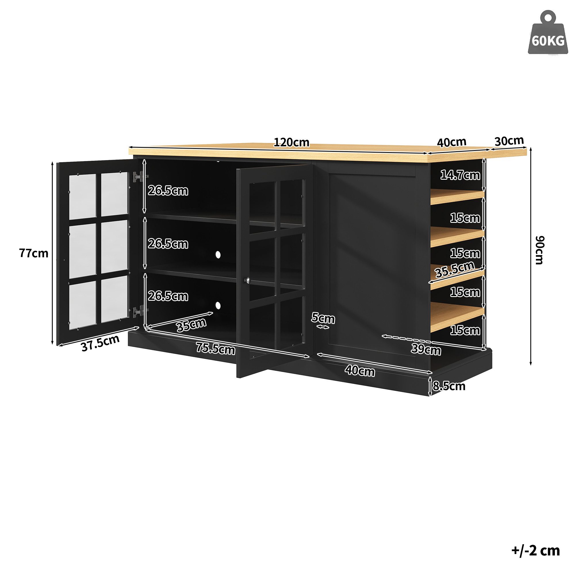 Flieks Kücheninsel mit klapparen Arbeitsplatte in Holzoptik und LED-Beleuchtung, (B120/H90/Tiefe 40-70cm), Multifunktionaler Küchenschrank mit Glastüren und seitlichen Weinregal