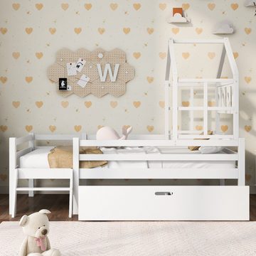 IDEASY Kinderbett Haushaltsbett aus Massivholz, mit Lattenrost und Rausfallschutz, Schubladen auf Rollen, 52 cm breite Treppe, 90 x 200 cm