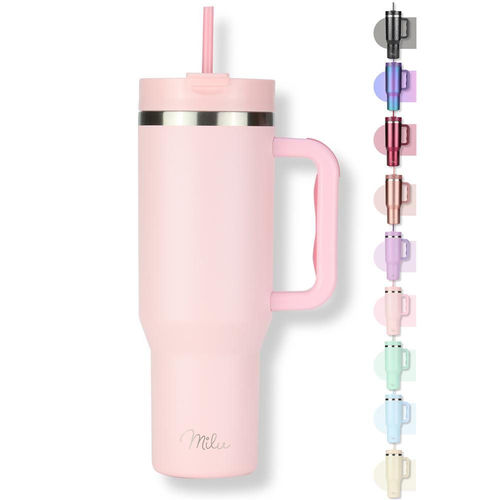 Milu Thermobecher Tumbler Set 1,2L Blossom Pink, mit Strohhalm und Henkel Edelstahl Tumbler Trinkflasche