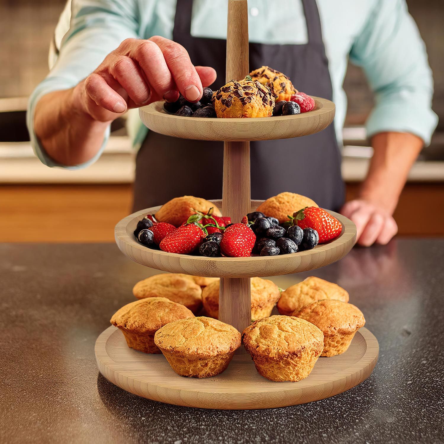 Dimono Etagere Dimono Deluxe 3-stöckige Etagere – Servierständer aus Natur-Schiefer, Bambus, (3-Etagen Servierschalen, Obst- & Gemüseschale), Servierschalen für Desserts, Obst, Gemüse, Süßes uvm.