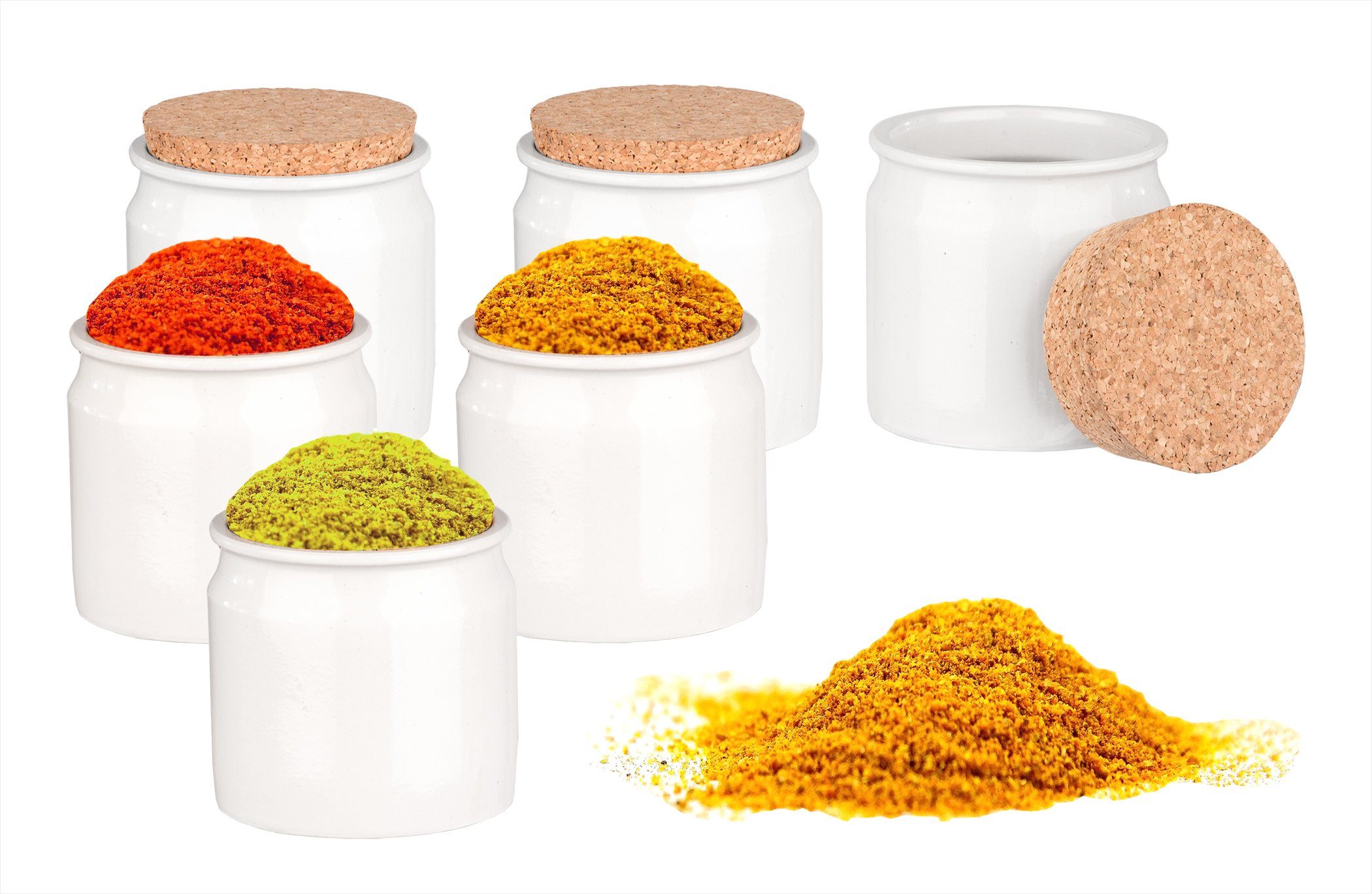 BigDean Gewürzbehälter 6x Gewürzdosen mit Korken 150 ml rund weiß glanz Gewürzgläser Stein, Keramik. Kork, (6-tlg)