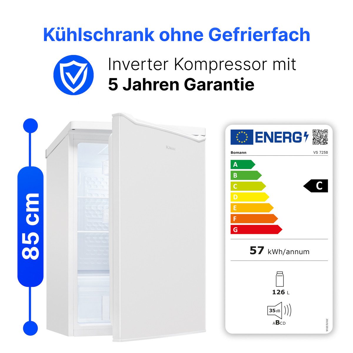 BOMANN Vollraumkühlschrank VS 7258, 85 cm hoch, 55 cm breit, Kühlschrank ohne Gefrierfach, Energieklasse C