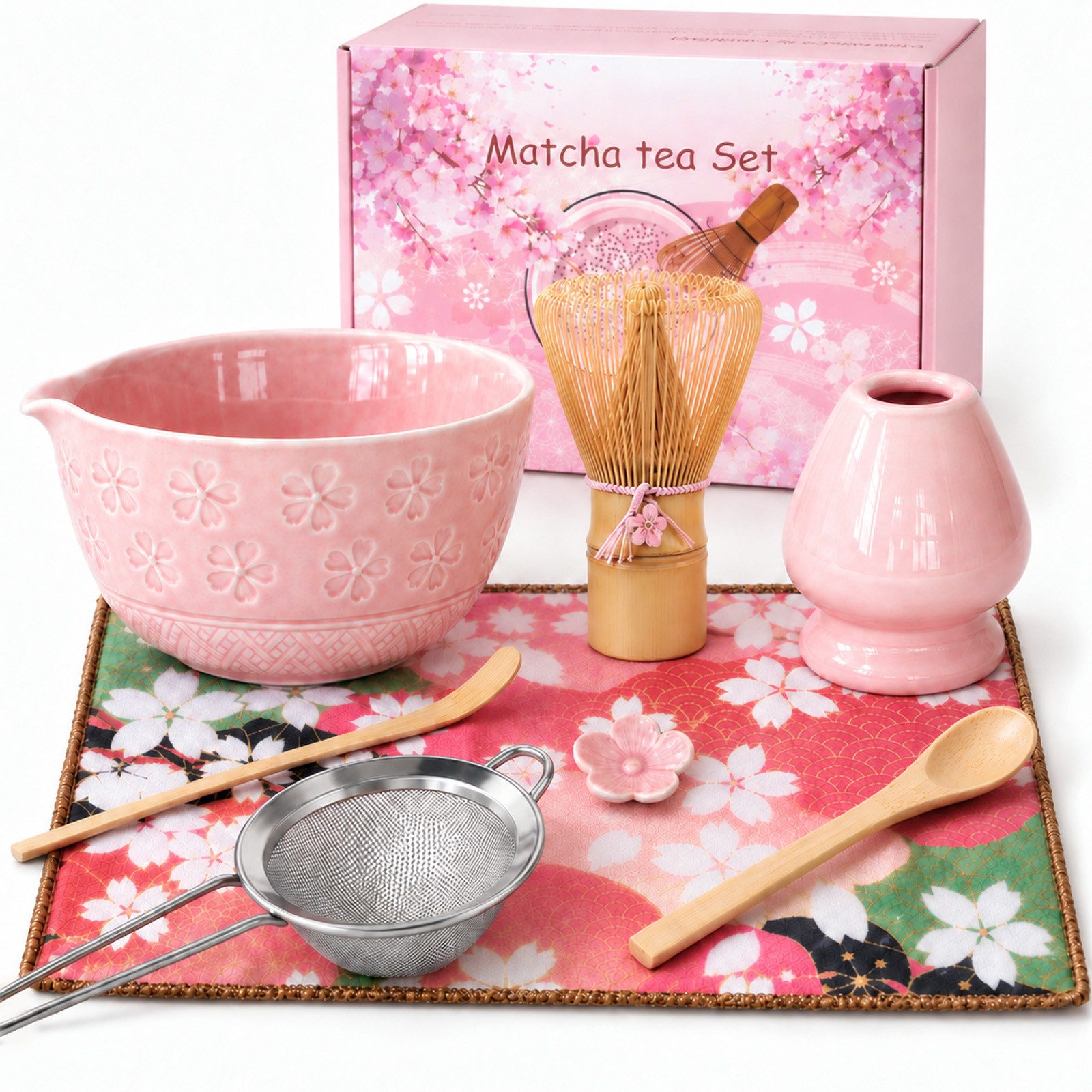 PFCTART Teeservice Matcha Set mit Pulver, Matcha Besen & Matcha Schale, 8-teilig (8-tlg), Bambus, Keramik, Baumwolle, Matcha Tee Set: Keramik-Schale, Besen, Keramikhalter, Bambuslöffel