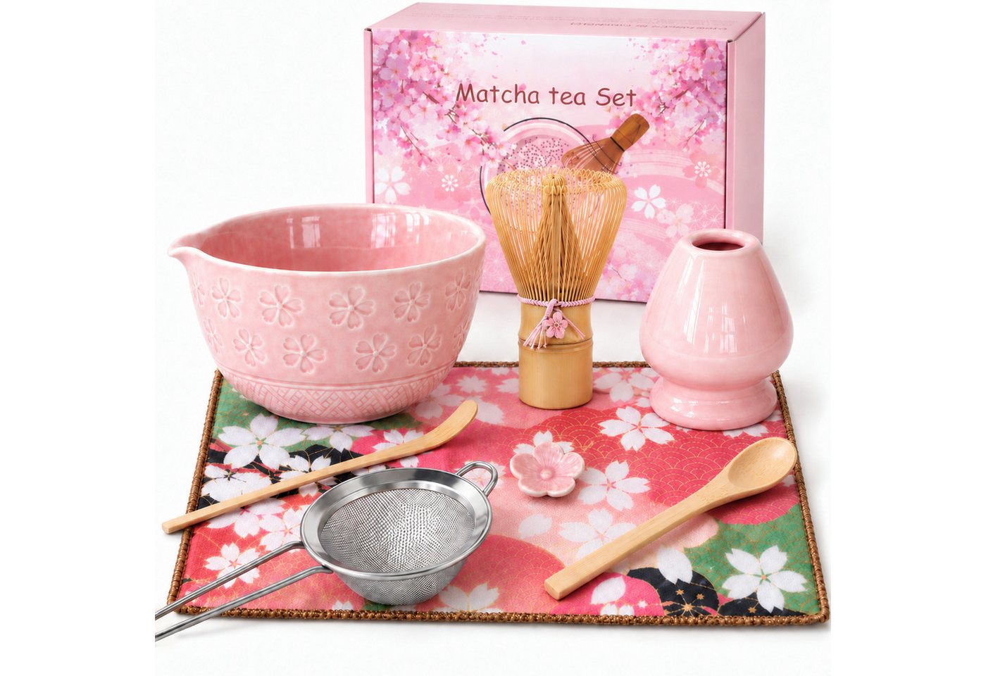 PFCTART Teeservice Matcha Set mit Pulver, Matcha Besen & Matcha Schale, 8-teilig (8-tlg), Bambus, Keramik, Baumwolle, Matcha Tee Set: Keramik-Schale, Besen, Keramikhalter, Bambuslöffel