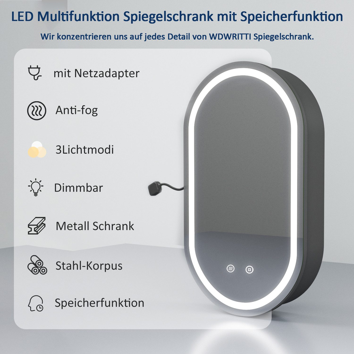WDWRITTI Badspiegel Spiegelschrank Badezimmerspiegelschrank 40B x 13T x 70H cm (Badschrank Schwarz Matt, Stahlregale), Kalt/Warm/Neutral Licht, Anti-Fog, Speicherfunktion