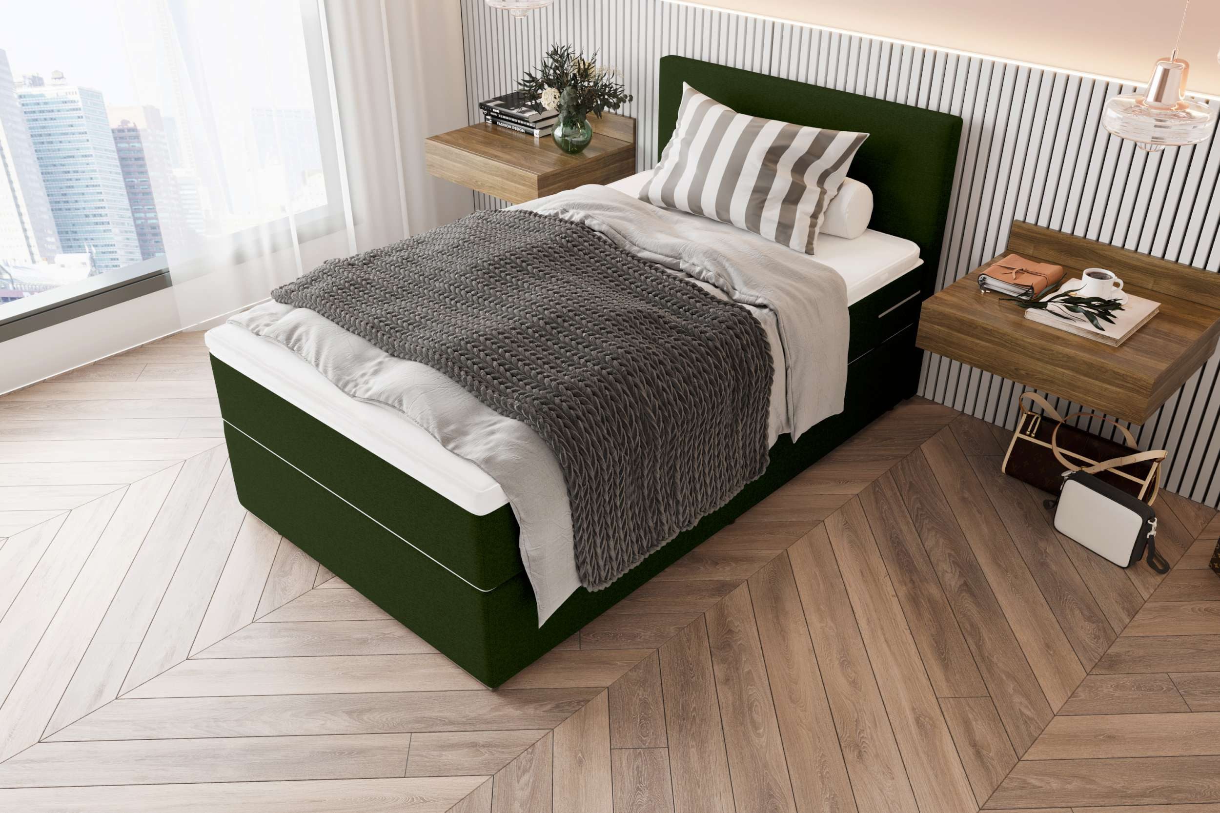 99rooms Boxspringbett Phönix Mini (Schlafzimmerbett, Bett), mit Taschenfederkernmatratze und Topper, in Webstoff MALMO_NEW