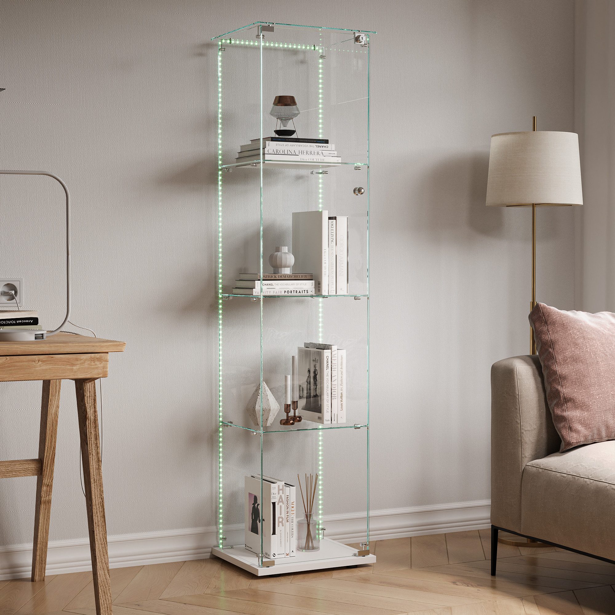 FUROKOY Glasvitrine Standvitrinen, Vitrine aus gehärtetem Glas (Vitrinenschrank mit 1 Glastür und Lichtleiste für Sammler, Bücher) 4 Lagen Sammlervitrine, Weiß