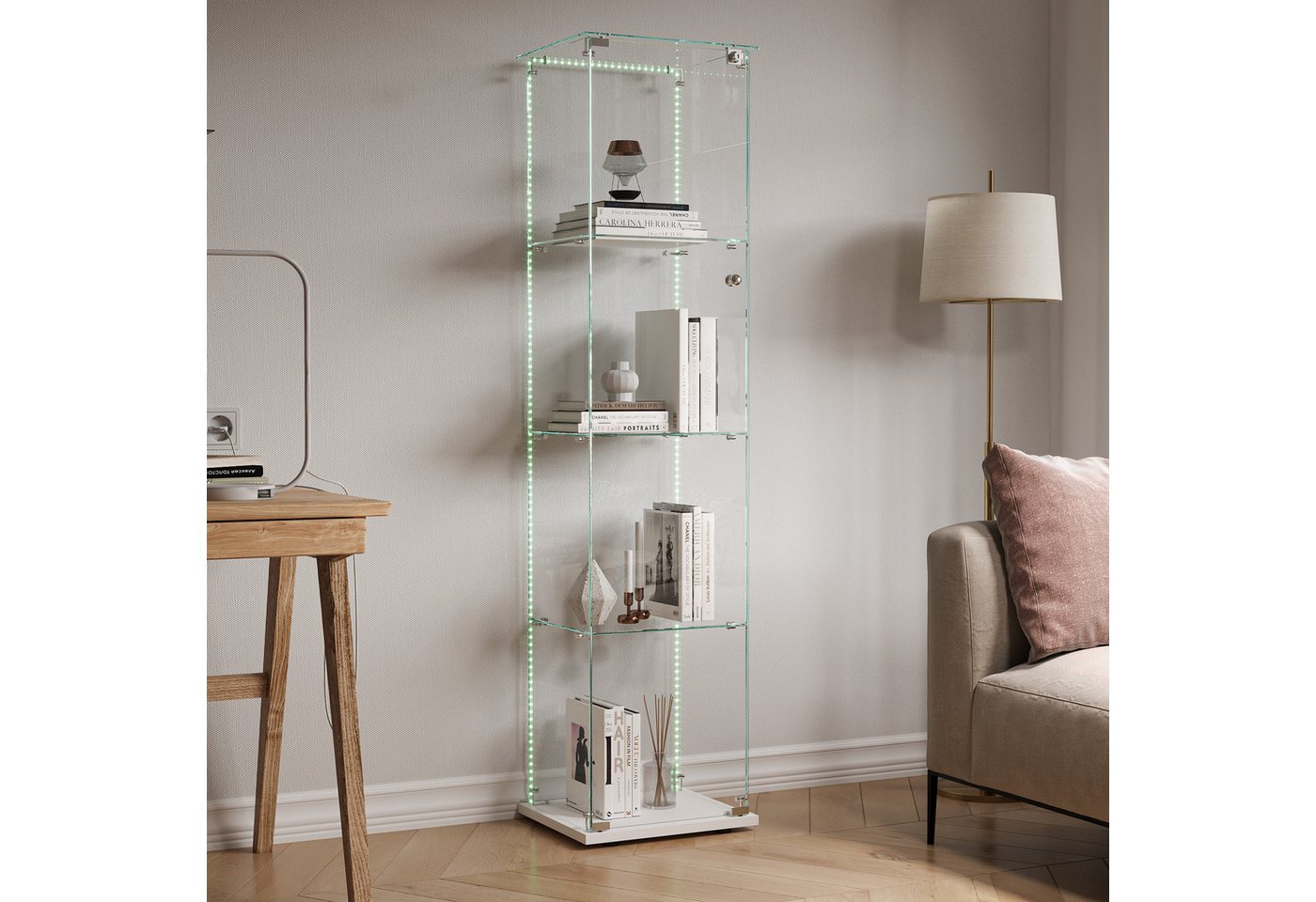 FUROKOY Glasvitrine Standvitrinen, Vitrine aus gehärtetem Glas (Vitrinenschrank mit 1 Glastür und Lichtleiste für Sammler, Bücher) 4 Lagen Sammlervitrine, Weiß