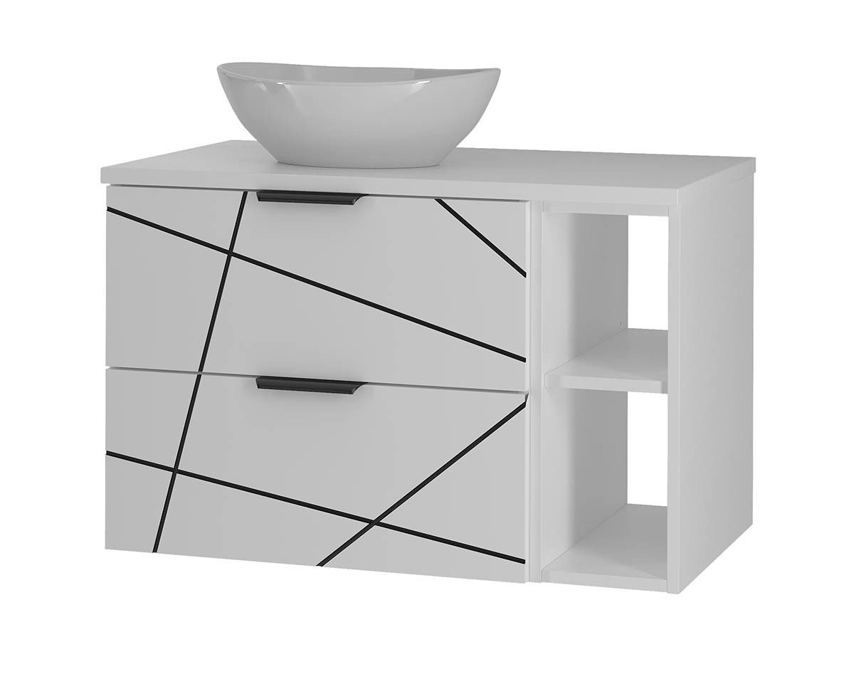 einfachgutemoebel Waschtisch-Set Badset 3-tlg. Waschtisch 80cm STRIATA, Matt-Weiß mit Regalfach, (Badmöbel Set, 1-St., Waschtisch Unterschrank)