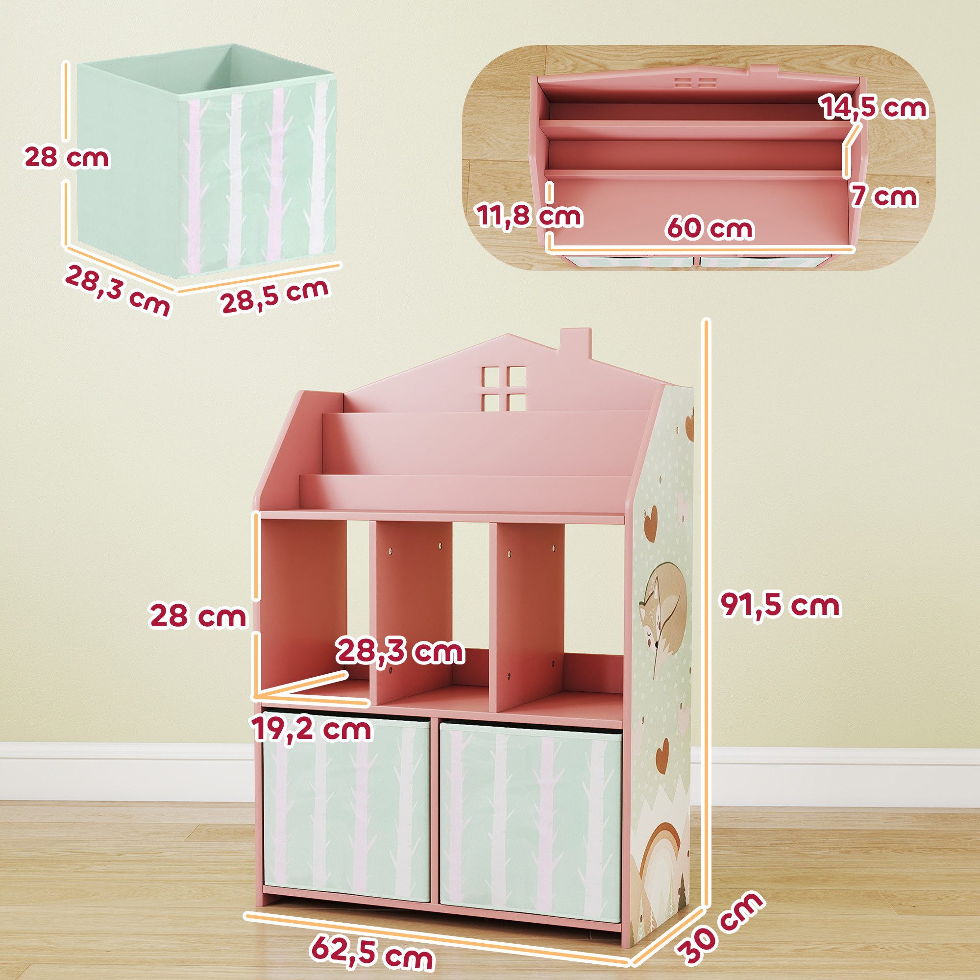 AIYAPLAY Kinderregal Spielzeugregal Kinderzimmerregal mit 2 Stoffschubladen offen, Bücherregal Kinder 1-tlg., für 3-8 Jahre für Spielzeug Bücher 62,5x30x91,5 cm Rosa