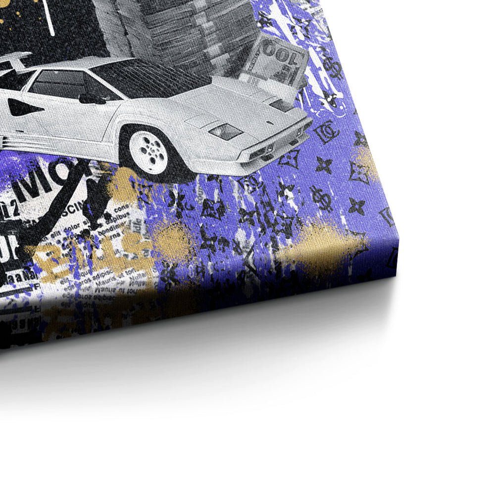 DOTCOMCANVAS® Leinwandbild, Premium Motivationsbild - in Rahmen schwarzer mit Wandbild Business Violett Autos Geld