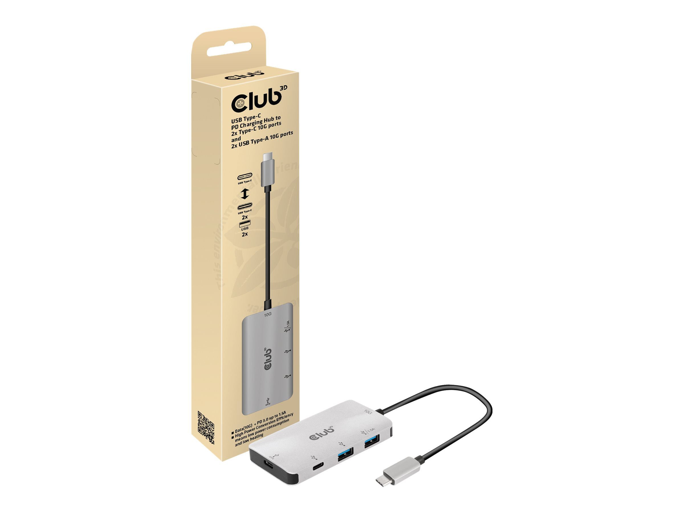 CLUB3D CSV-1543 Adapter USB 3.1 Typ C / 2x USB C + 2x USB A Lade Hub Computer-Kabel