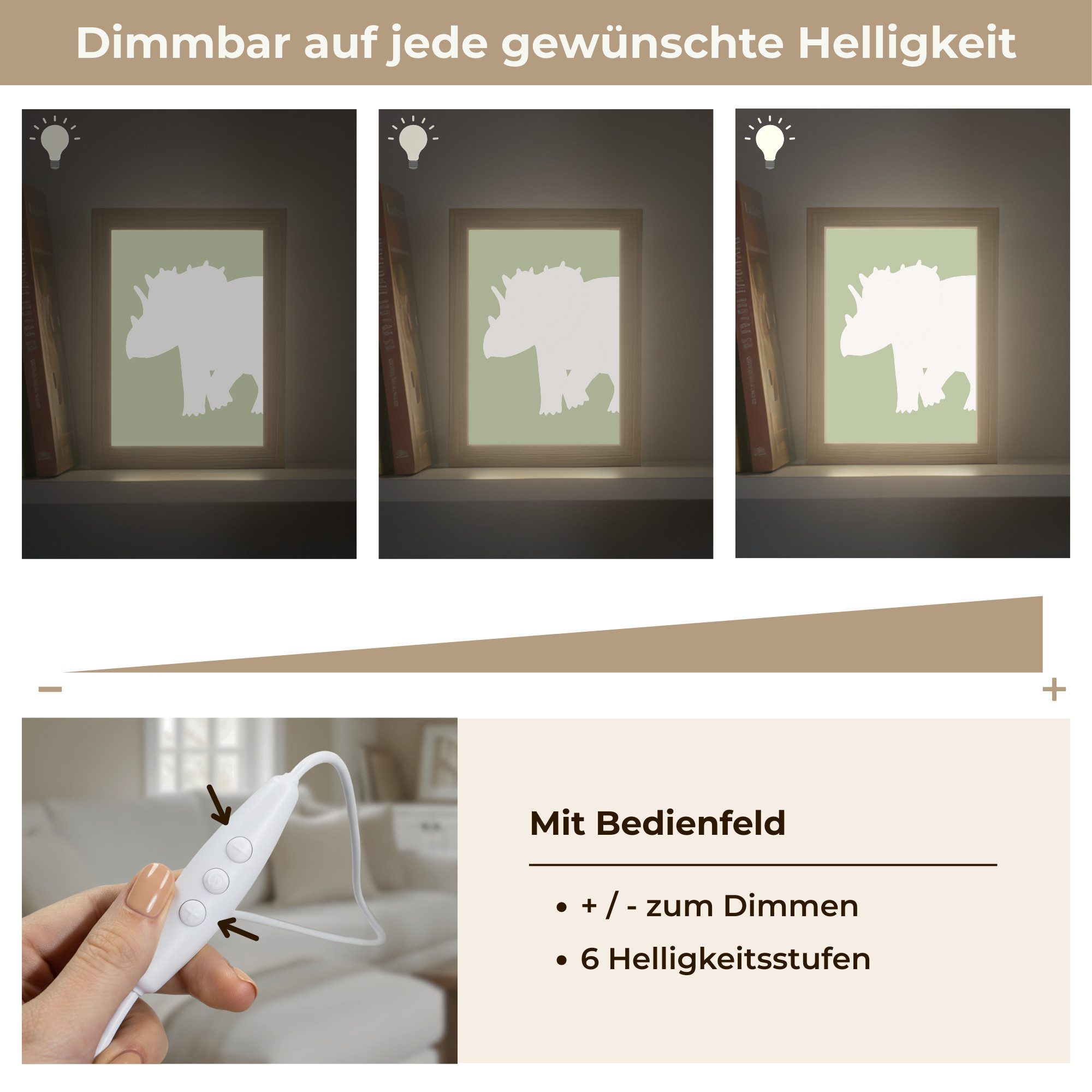 OnlyWow Wandleuchte Lightbox Dino - Triceratops - Dinosaurier - Grün - Jungen, Dimmbar, Farbwechsel, LED, Warmweiß, Kaltweiß, Neutralweiß Einstellbar, Wandlampe Innen, Dimmbar, mit Kabel, LED, Beleuchtung, Kinderzimmer