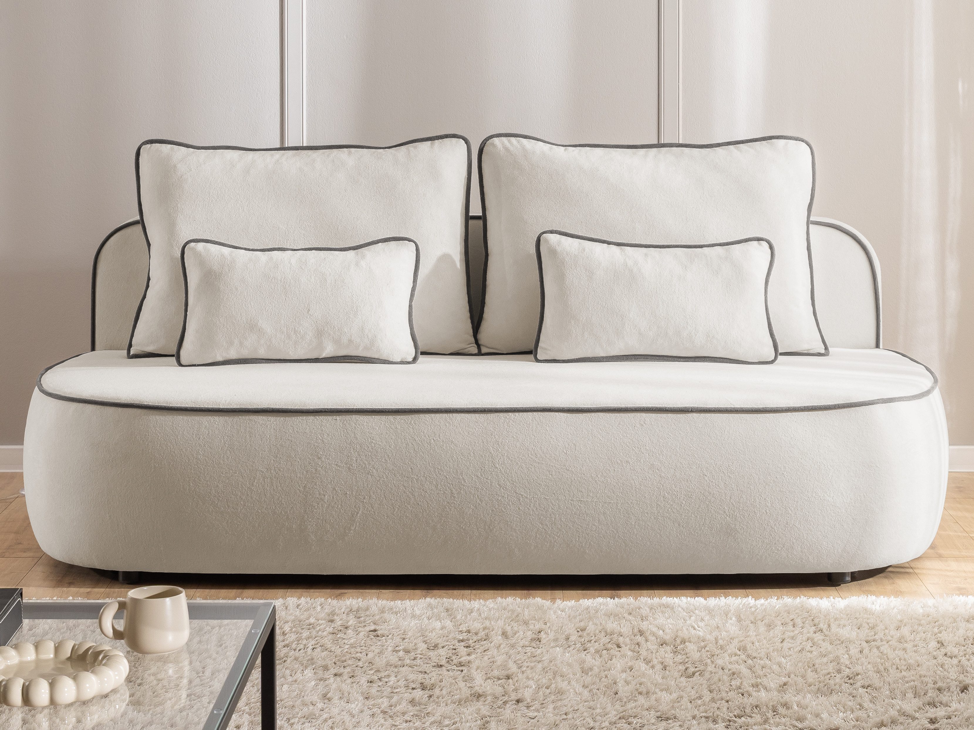 S-Style Möbel Kindersofa Vero mit Schlaffunktion, Bettkasten und Kontrastpaspel aus Plüschstoff, im modernen und abgerundeten Design