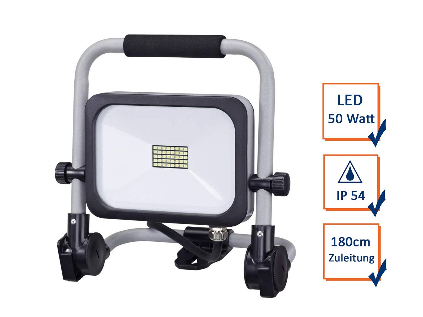 REV Baustrahler, LED fest integriert, Tageslichtweiß, Werkstattlampe, Arbeitslampe Handlampe Bauleuchte IP 54, 50 Watt