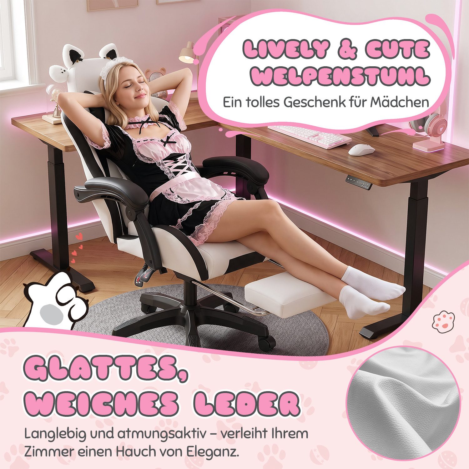 oyajia Gaming-Stuhl Bürostuhl Ergonomisch mit Kopfstütze und Katzenohren, PU-Leder (Gamer Stuhl, Racing Computerstuhl PC Stuhl mit Fußstütze Kopfstütze, 1 St),  – Bild 4 von 5